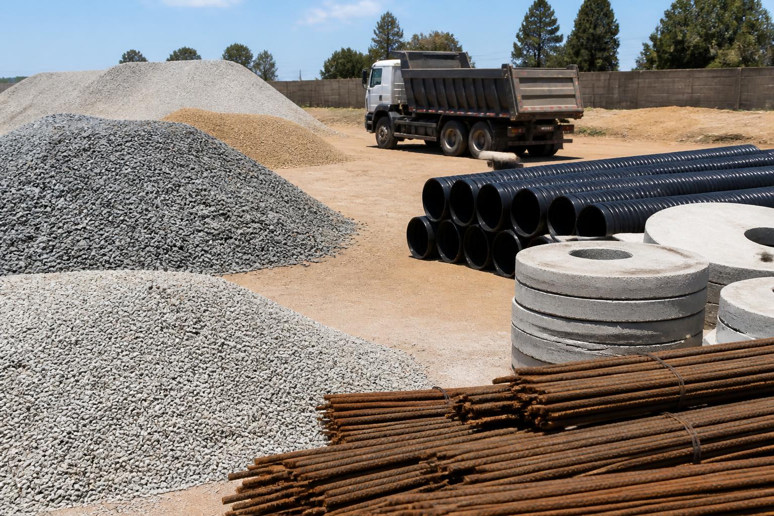Materials yard with aggregate stockpiles, stacked sewer pipes, concrete manhole rings and reinforcing steel
