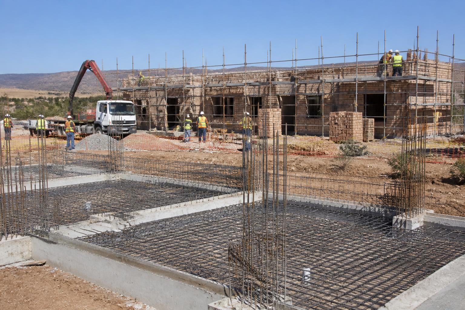 Civil construction site with reinforced concrete foundations, rebar and brickwork under way