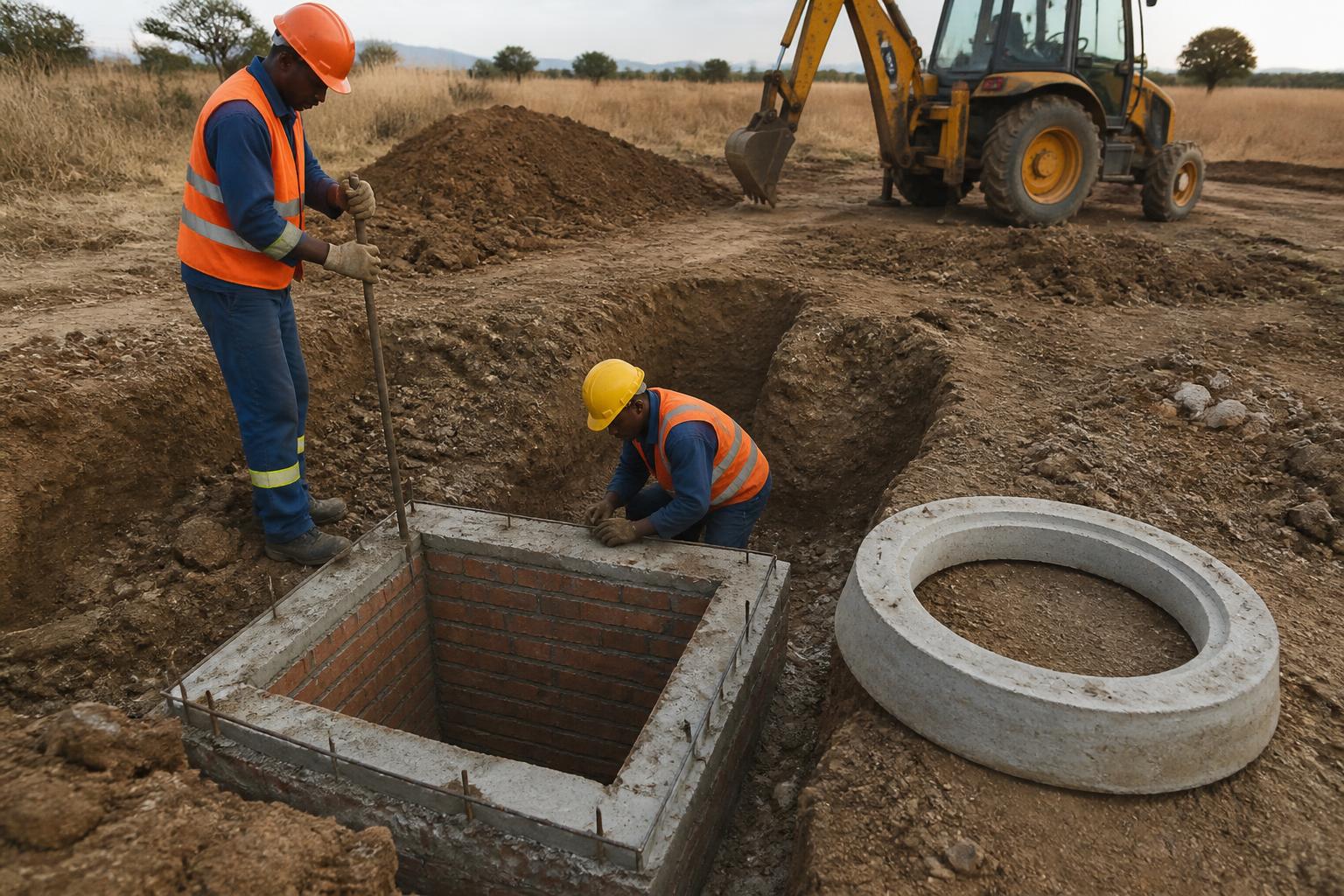 Newly constructed concrete manhole chamber with reinforcement steel on a civil works site