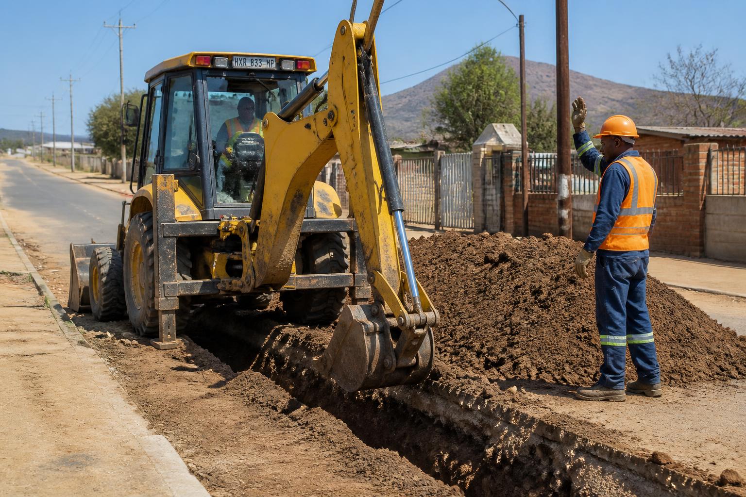 Yellow TLB backhoe loader excavating a service trench on a municipal street