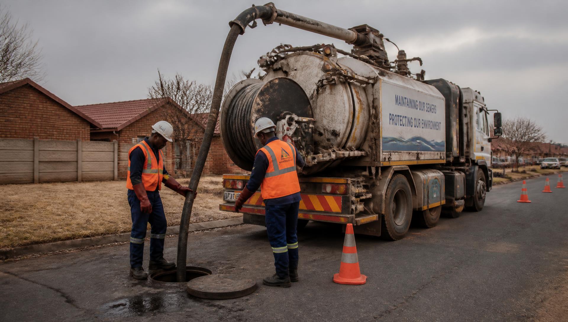 Mo-Tyro crew carrying out municipal sewer maintenance beside a high-pressure jetting unit
